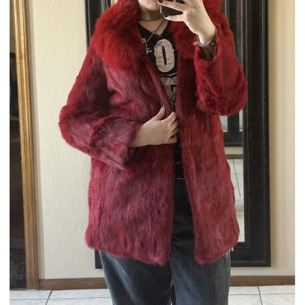 NWOT Rabbit Fur Coat Faux Leather Poly Lining Red M/L Women Mid Length Jacket